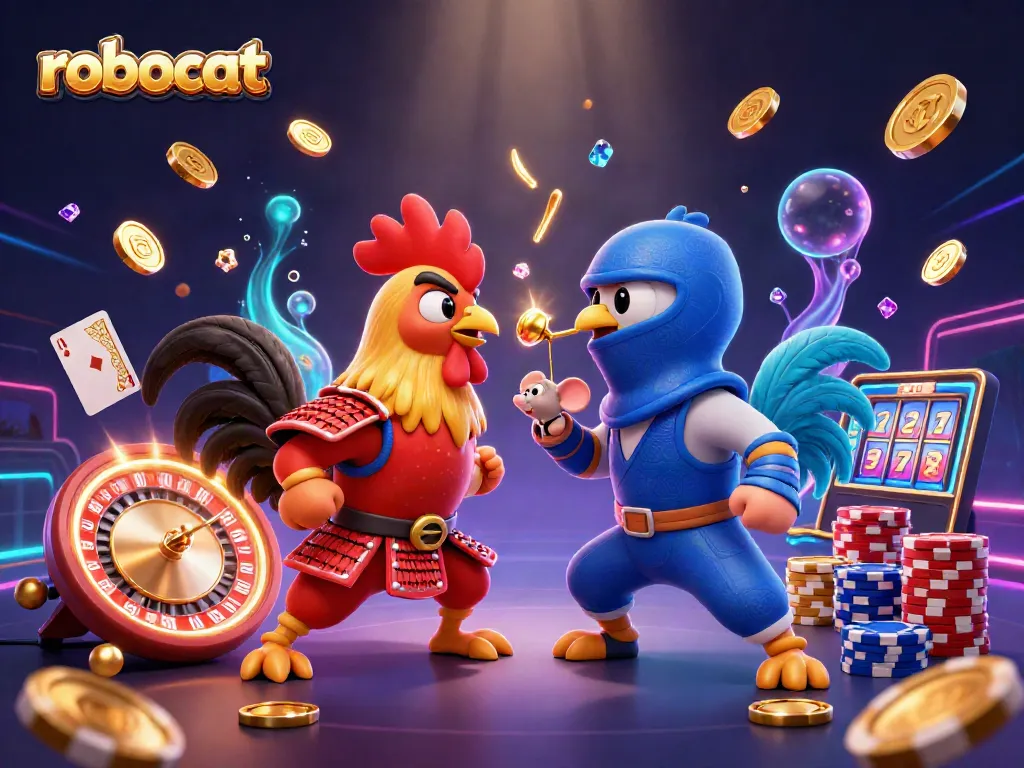 Engage in thrilling gaming at robocat casino featuring vibrant roosters and cascading coins.