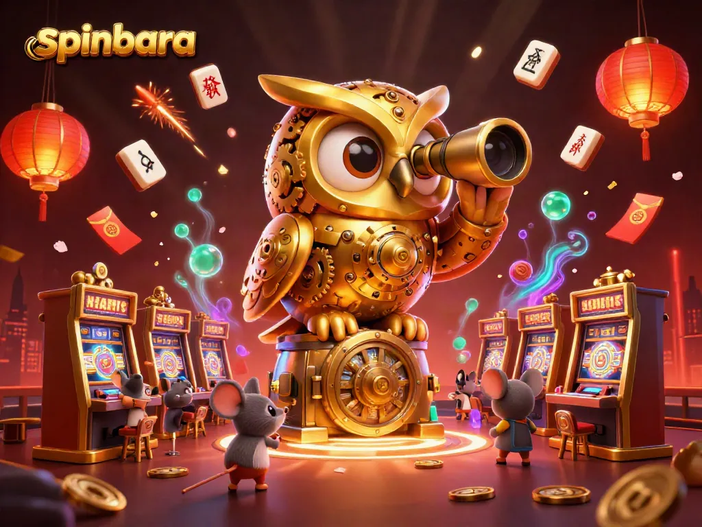 Spinbara's captivating casino scene featuring a golden owl and charming mice among vibrant gaming elements.