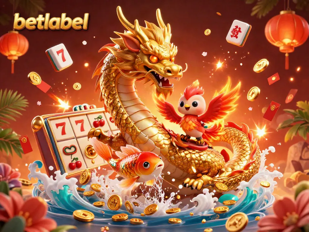 Betlabel showcases the dynamic betting experience with slots, dragon, and koi fish in a vibrant scene.