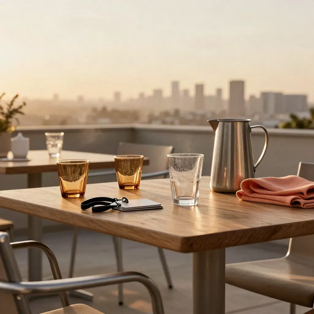 Terraza de coworking al atardecer con vasos vacíos, lanyards y skyline lejano