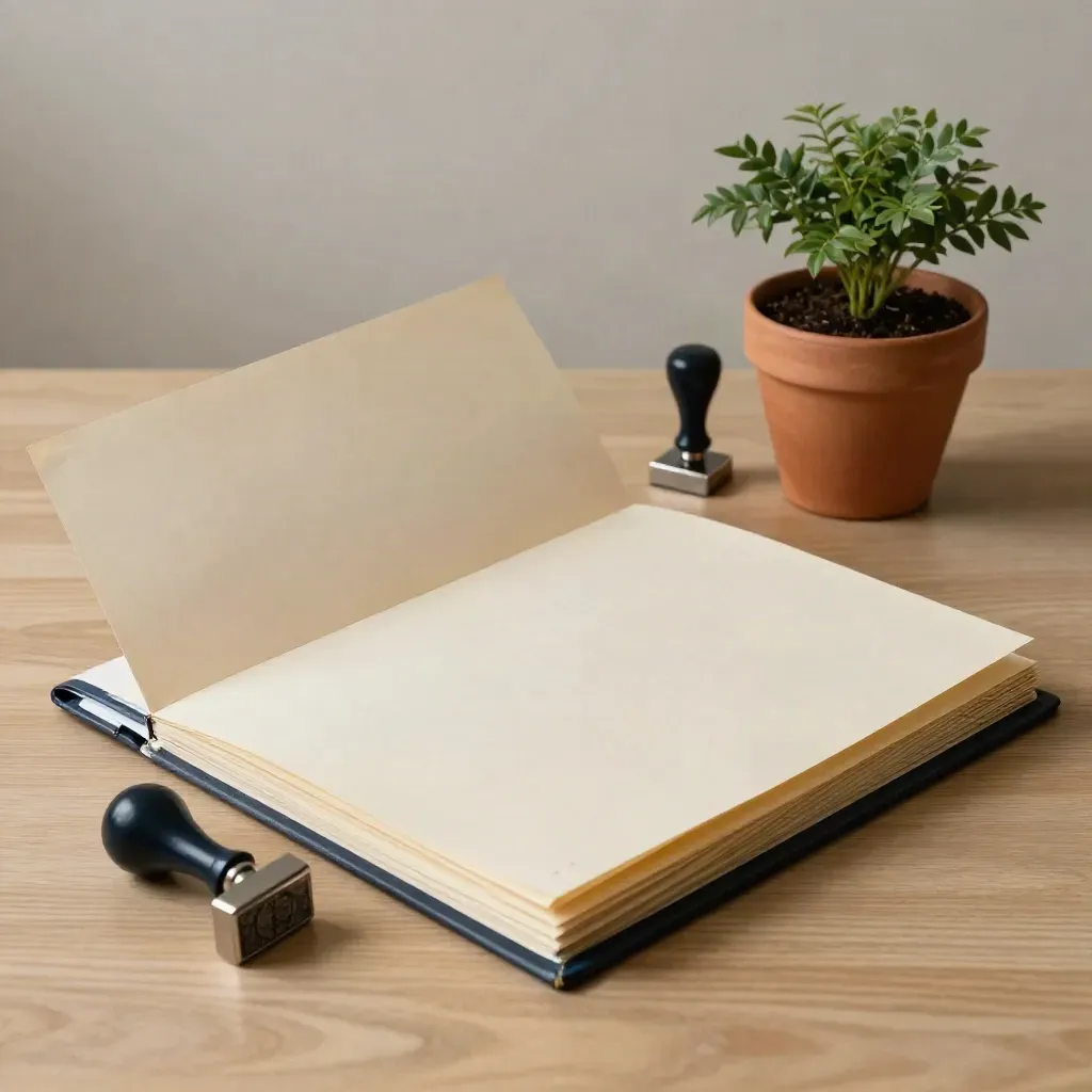 Carpeta abierta con fichas dobladas, sellos, clips y una maceta sobre mesa clara.