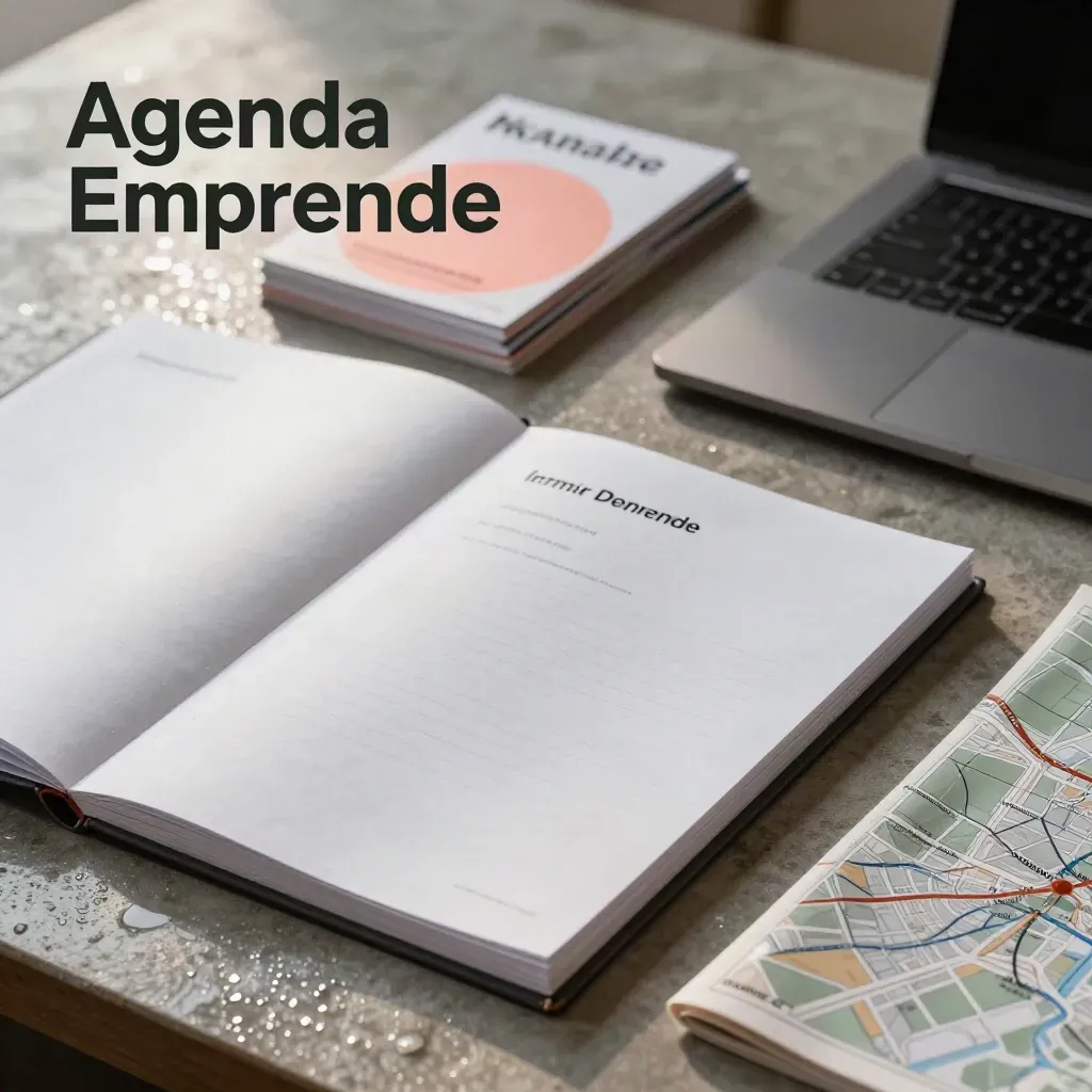 Mesa editorial de emprendimiento con agenda, carpeta de ayudas, tarjetas de eventos, portátil cerrado y mapa.