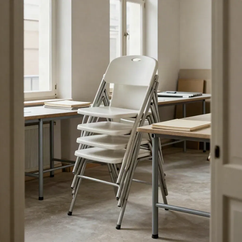 Sala de taller en Madrid con sillas apiladas, mesas plegables y luz lateral entrando por ventanales altos.