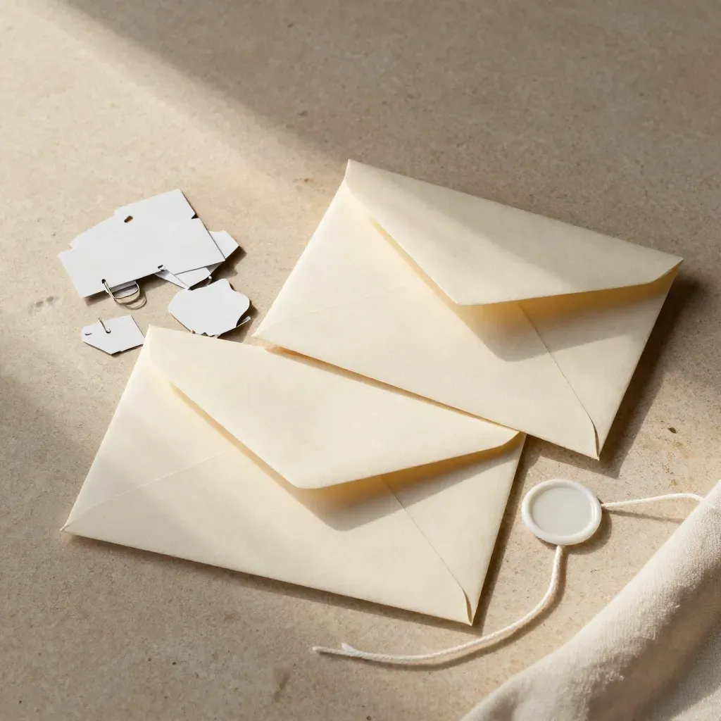 Bloque de papel, sobres vacíos, clips blancos, sello de cera y cuerda sobre travertino cálido.