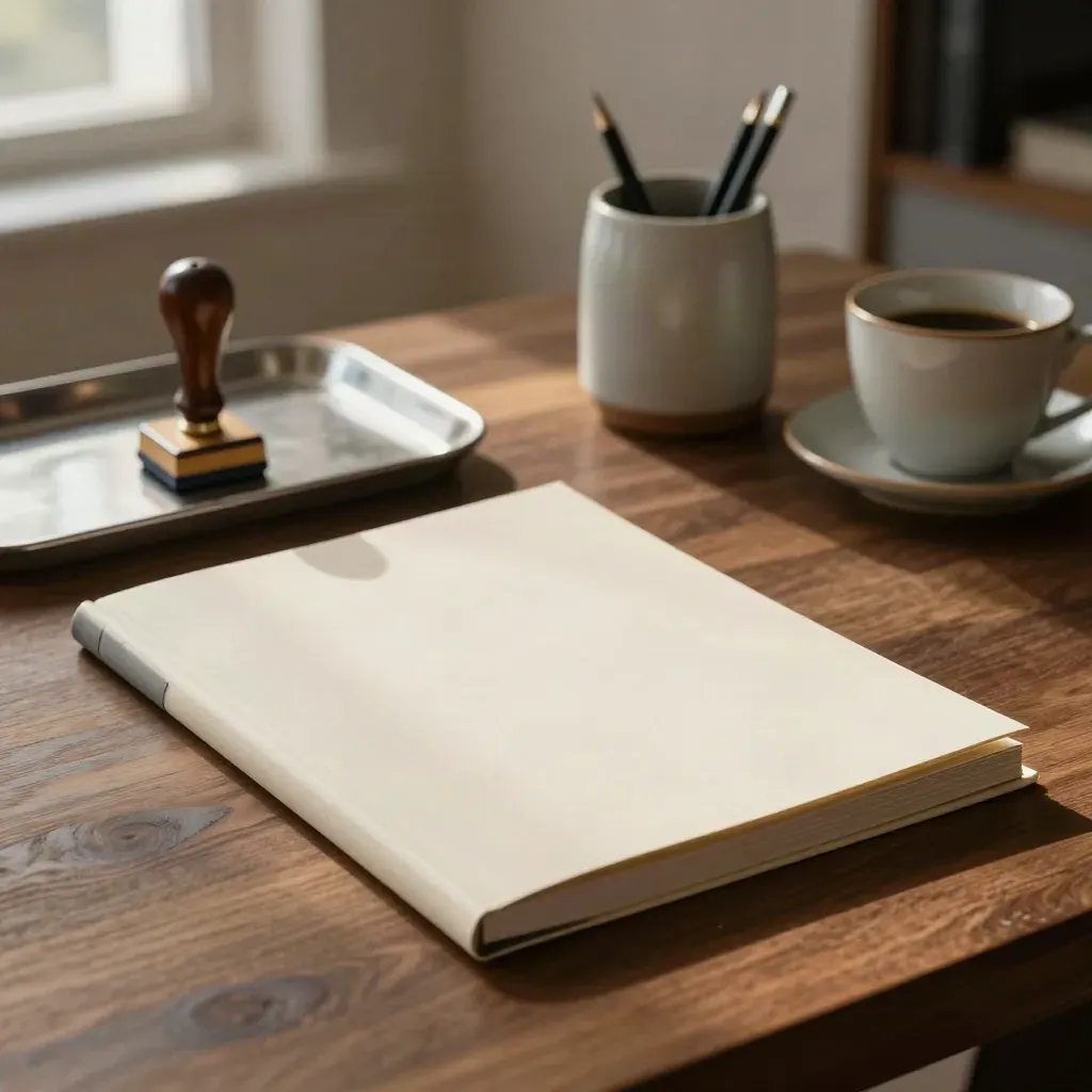 Carpeta cerrada, tampón de goma, portalápices de cerámica, taza y bandeja metálica junto a ventana cálida.