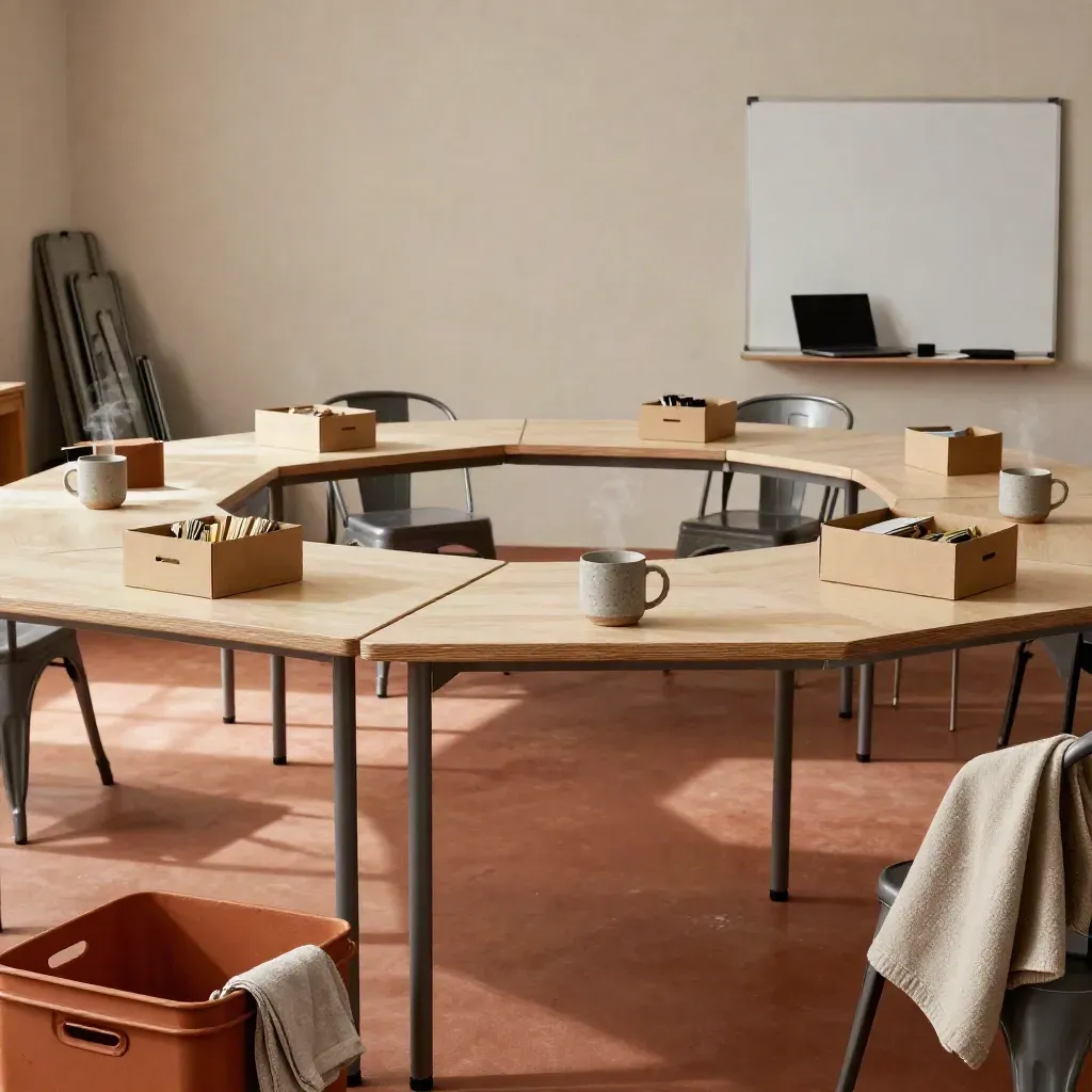 Sala de talleres vacía con mesas, tazas y cajas listas para una sesión de emprendimiento.