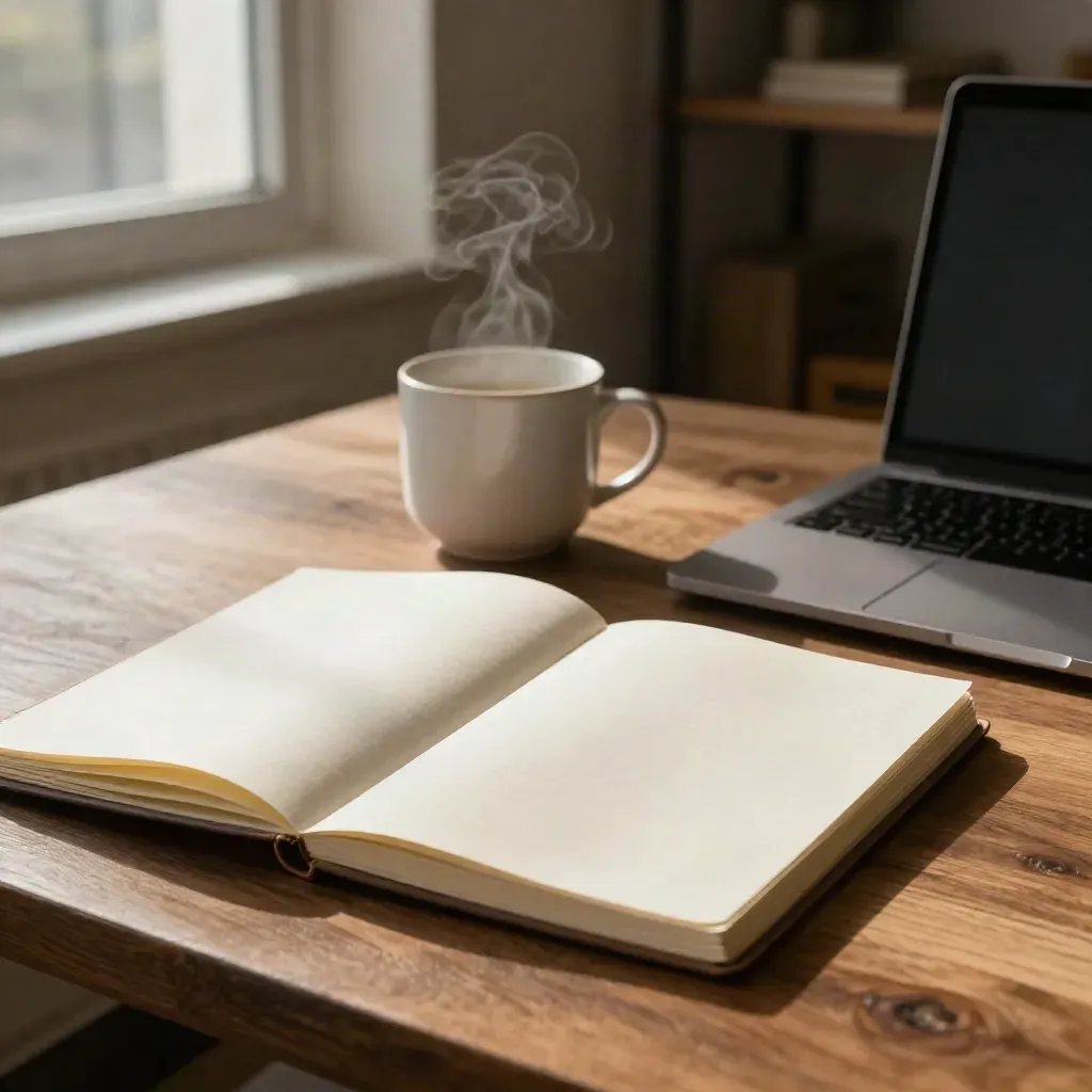 Cuaderno abierto, maquetas de papel, taza humeante y portátil cerrado sobre mesa de madera.