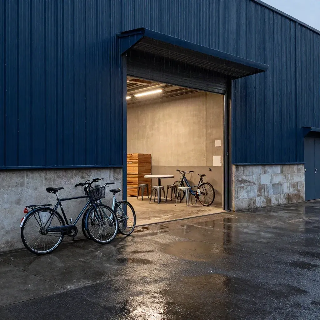Entrada de nave industrial en Barcelona con bicicletas, banquetas y suelo mojado al atardecer