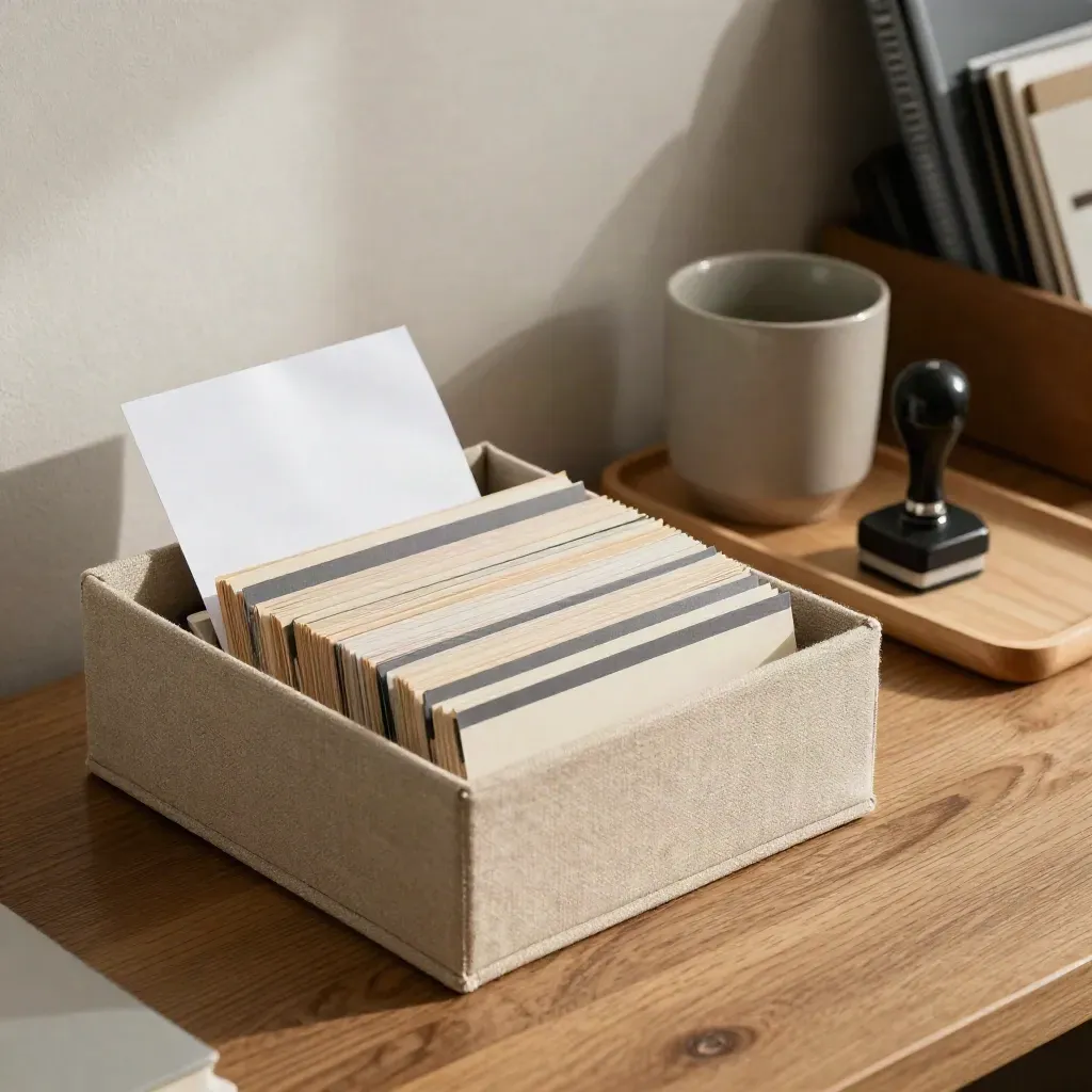 Mesa de despacho con caja de recibos, fichas ordenadas, taza y sello en luz suave.