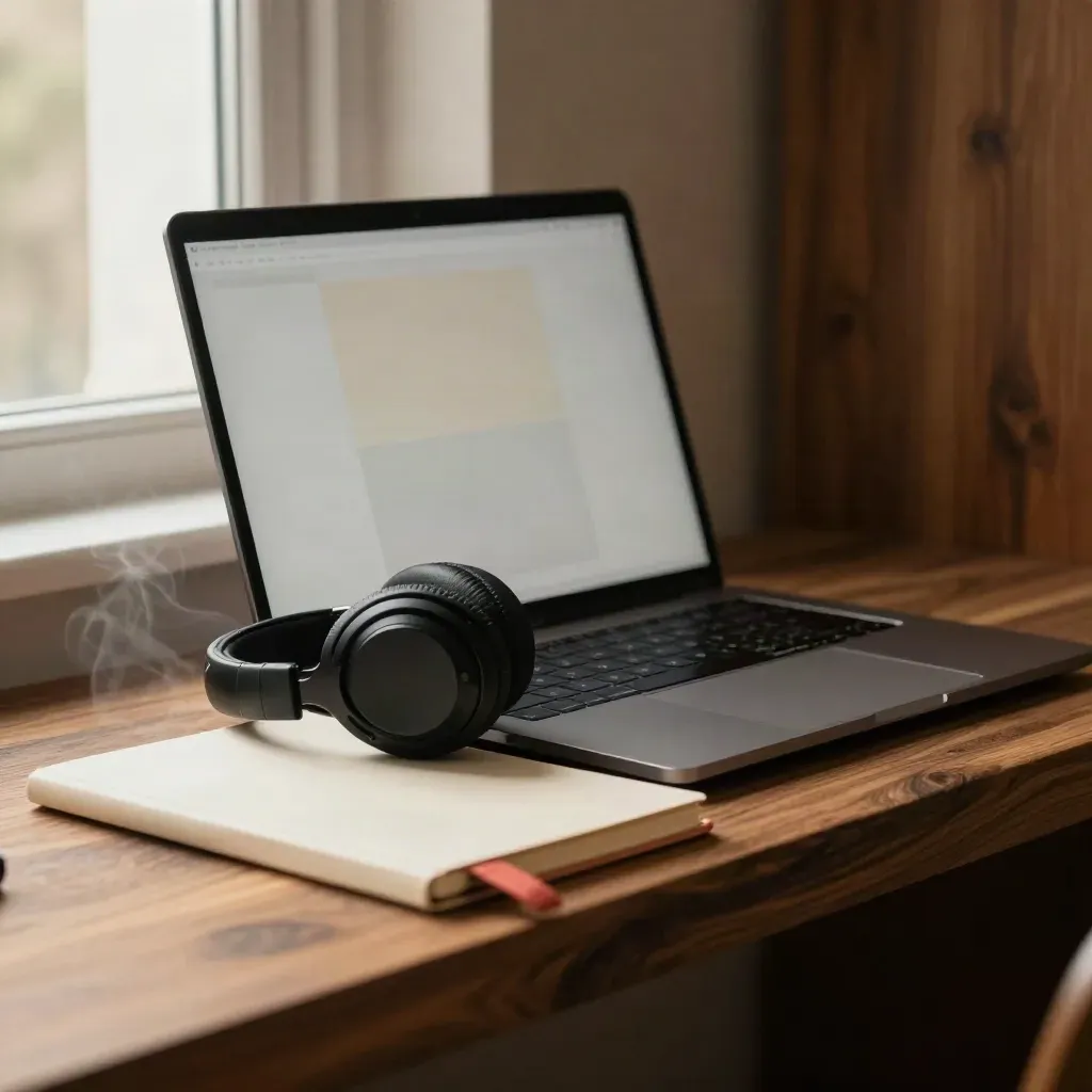 Portátil abierto con auriculares y libreta en una esquina cálida para IA para pymes