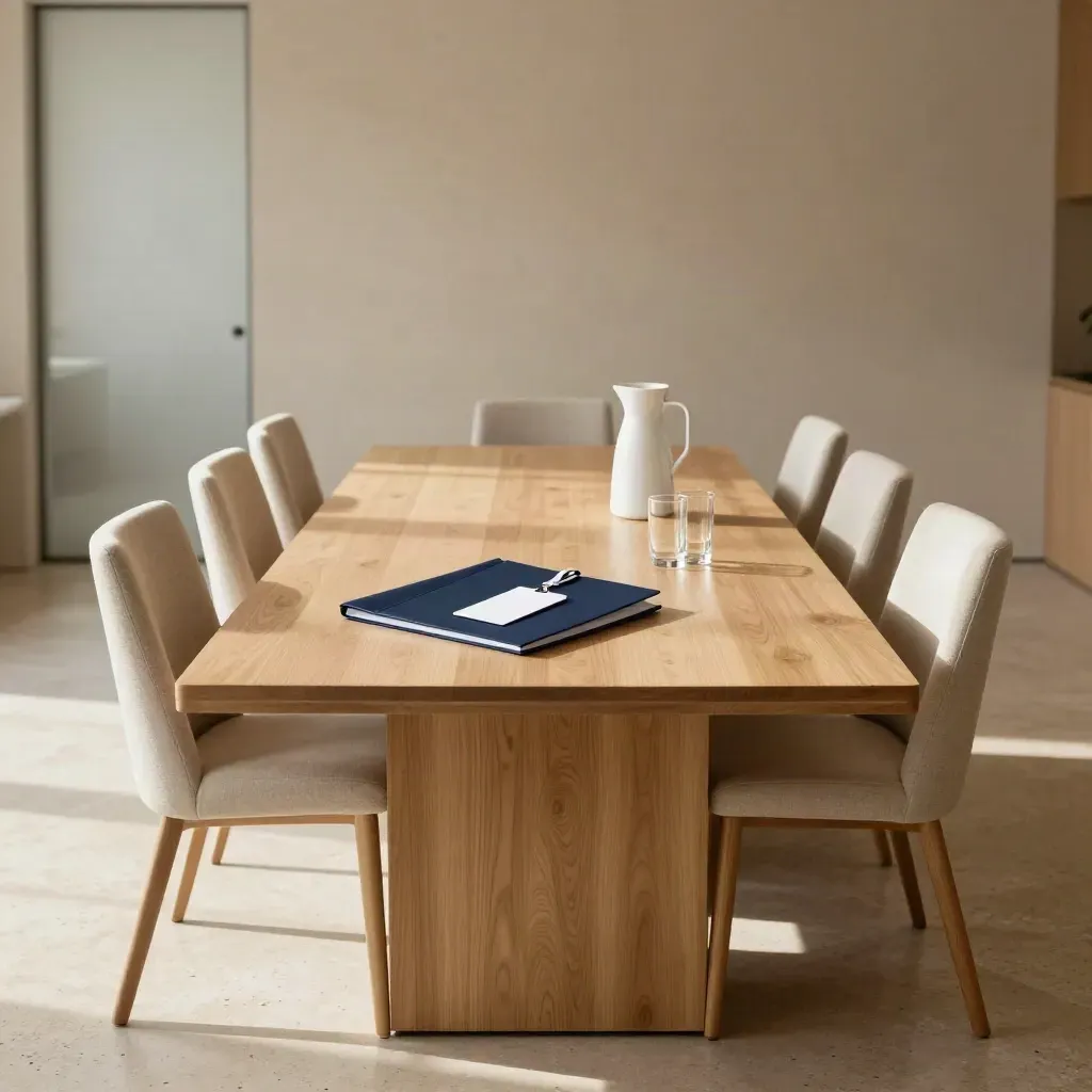 Sala de reuniones vacía con sillas alineadas, carpeta cerrada y gafete en blanco, lista para contratar.