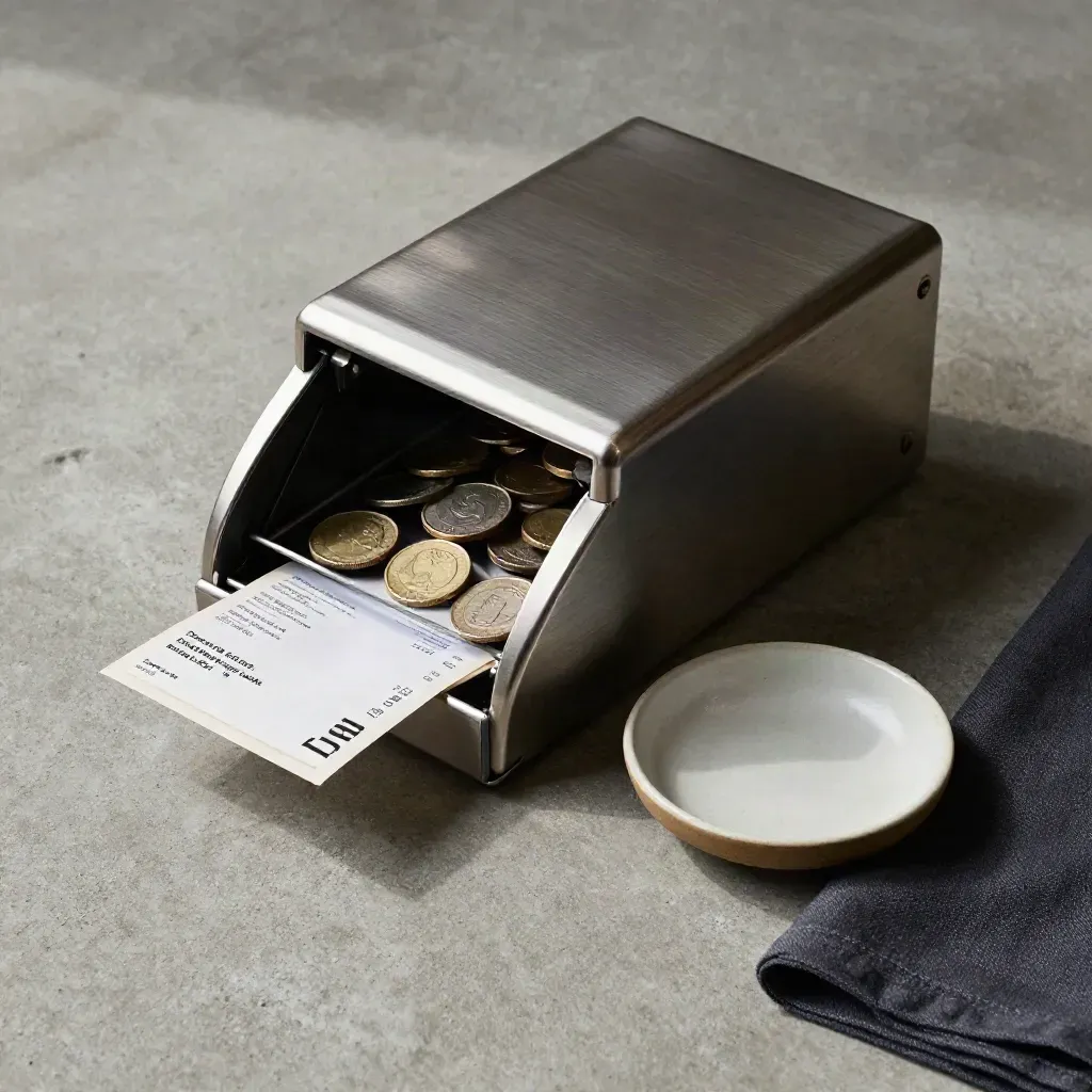 Caja metálica abierta con monedas, recibos doblados y plato cerámico sobre hormigón suave.