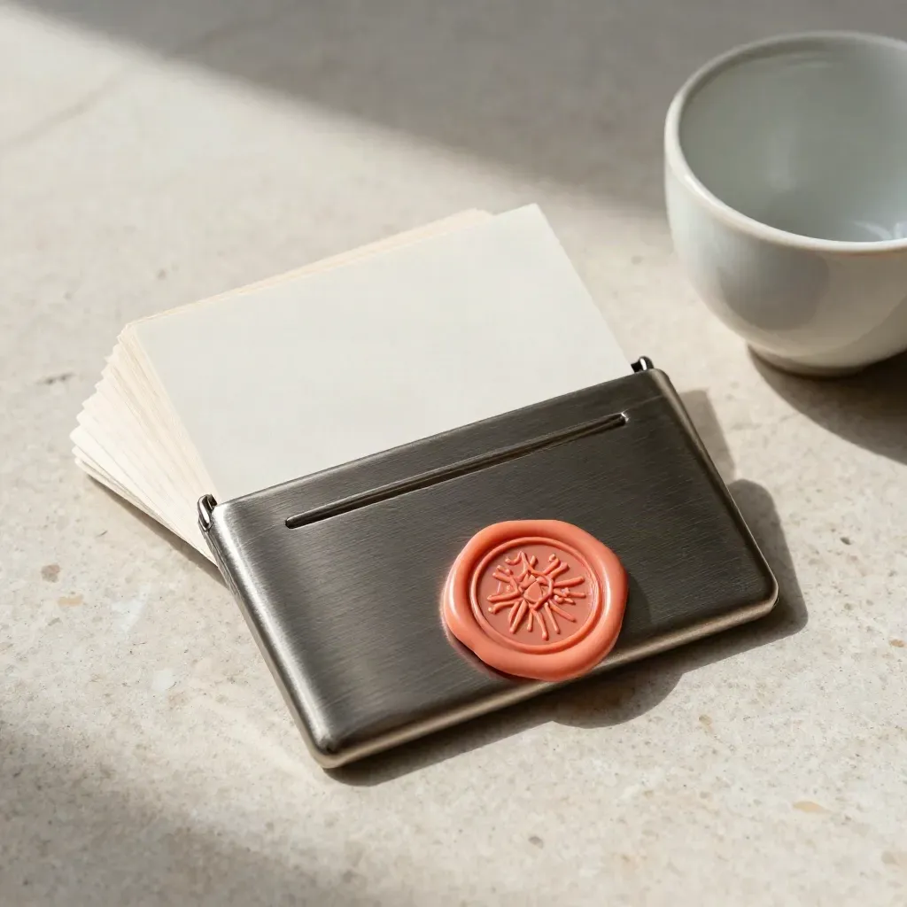 Tarjetero metálico, tarjetas blancas, sello de cera coral y taza pequeña sobre piedra clara.