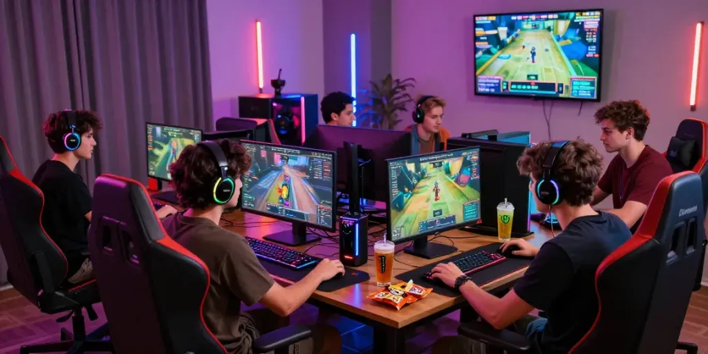 Nền tảng game F168, nhóm bạn trẻ đang tham gia chơi game trực tuyến với không khí vui tươi và sôi động.