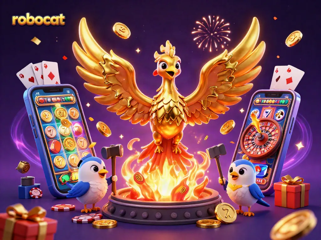 Play thrilling games with Robocat, featuring golden phoenix and casino elements in a vibrant 3D illustration.